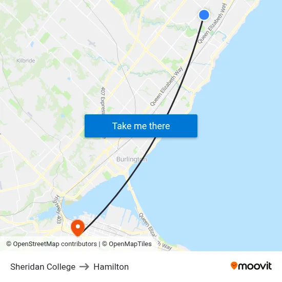 Sheridan College to Hamilton map