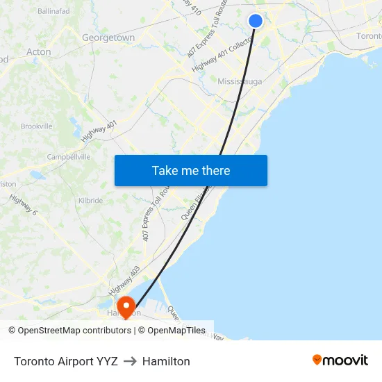 Toronto Airport YYZ to Hamilton map