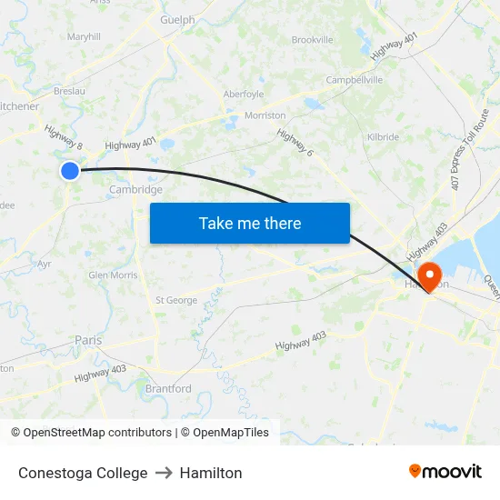 Conestoga College to Hamilton map