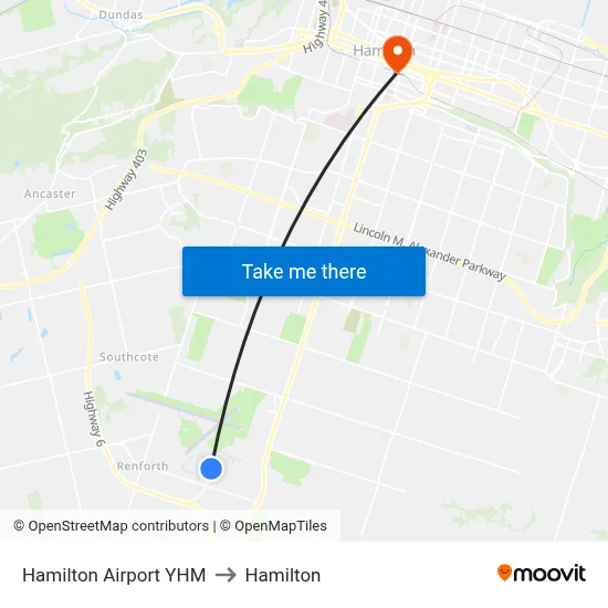 Hamilton Airport YHM to Hamilton map