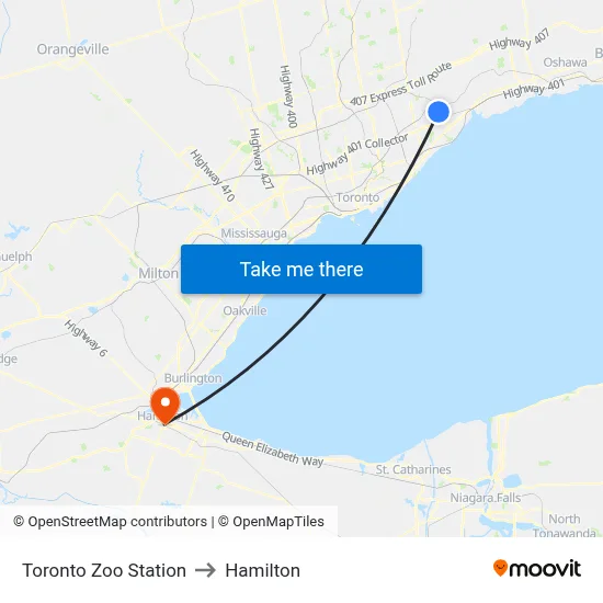 Toronto Zoo Station to Hamilton map