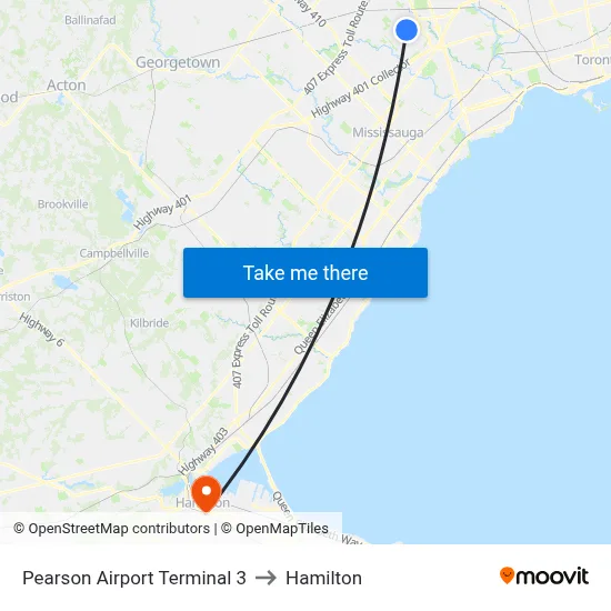 Pearson Airport Terminal 3 to Hamilton map