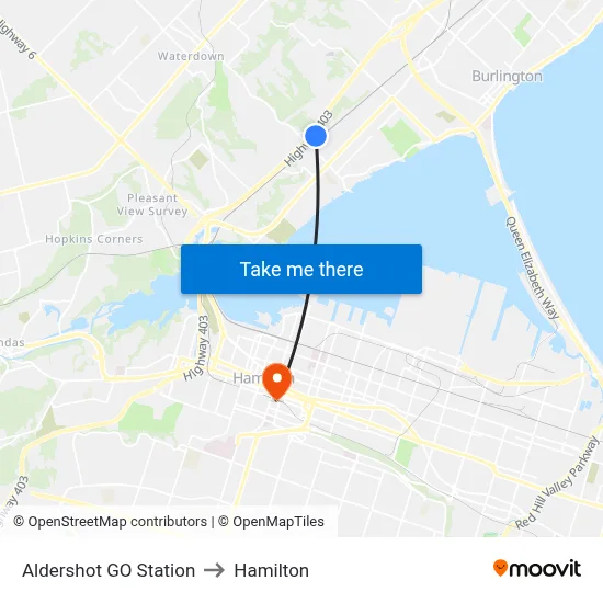 Aldershot GO Station to Hamilton map