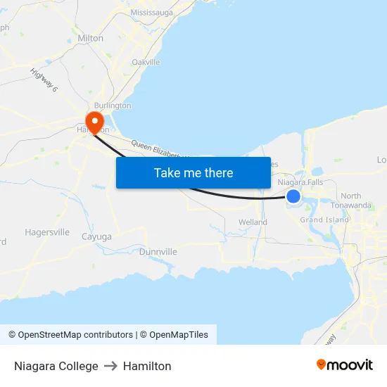 Niagara College to Hamilton map