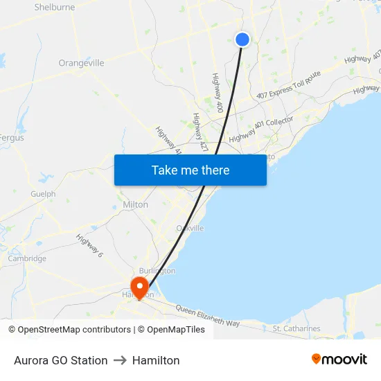 Aurora GO Station to Hamilton map