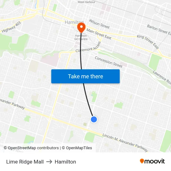 Lime Ridge Mall to Hamilton map