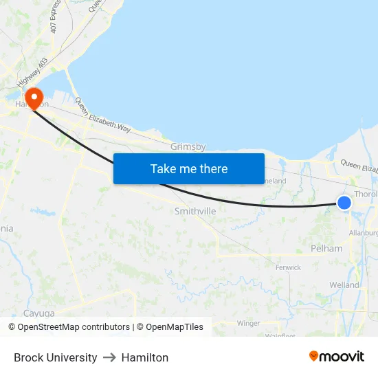 Brock University to Hamilton map