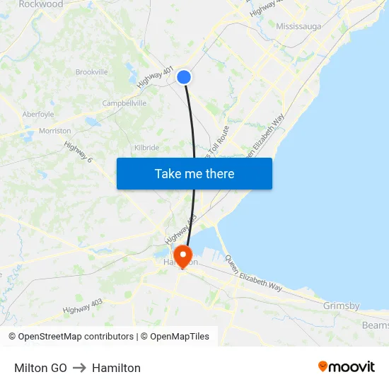 Milton GO to Hamilton map