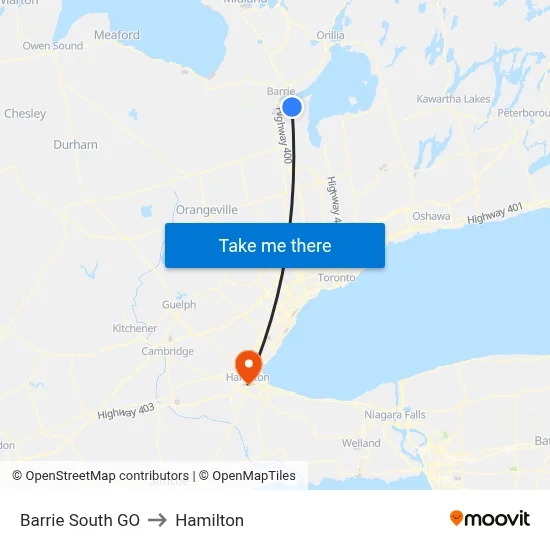 Barrie South GO to Hamilton map