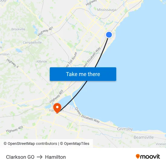 Clarkson GO to Hamilton map