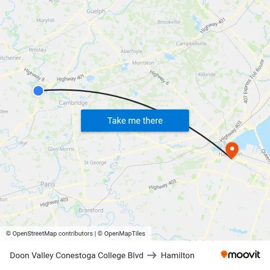 Doon Valley Conestoga College Blvd to Hamilton map