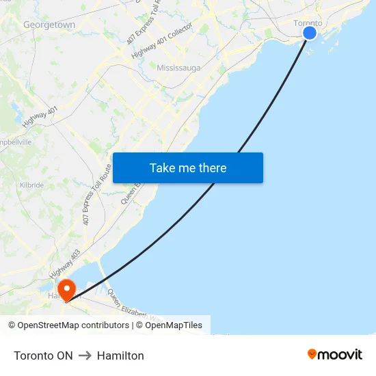 Toronto ON to Hamilton map