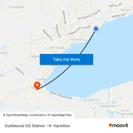 Guildwood GO Station to Hamilton map