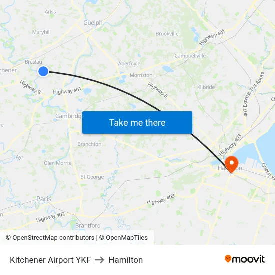 Kitchener Airport YKF to Hamilton map