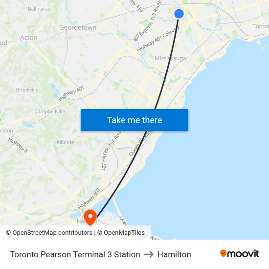 Toronto Pearson Terminal 3 Station to Hamilton map
