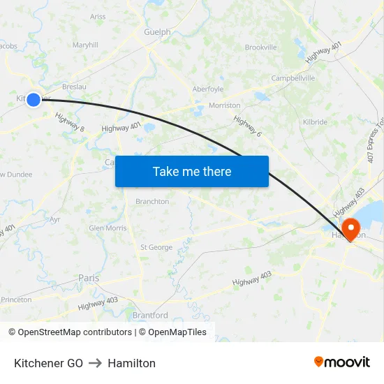 Kitchener GO to Hamilton map