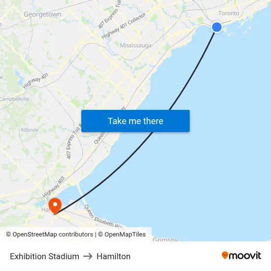Exhibition Stadium to Hamilton map