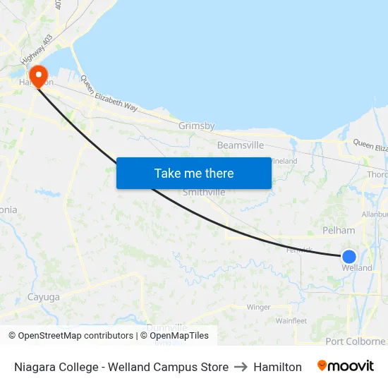 Niagara College - Welland Campus Store to Hamilton map