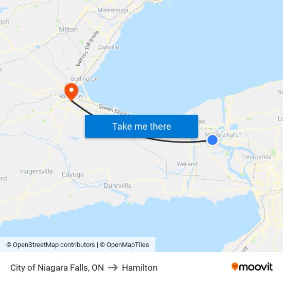 City of Niagara Falls, ON to Hamilton map