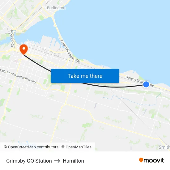 Grimsby GO Station to Hamilton map