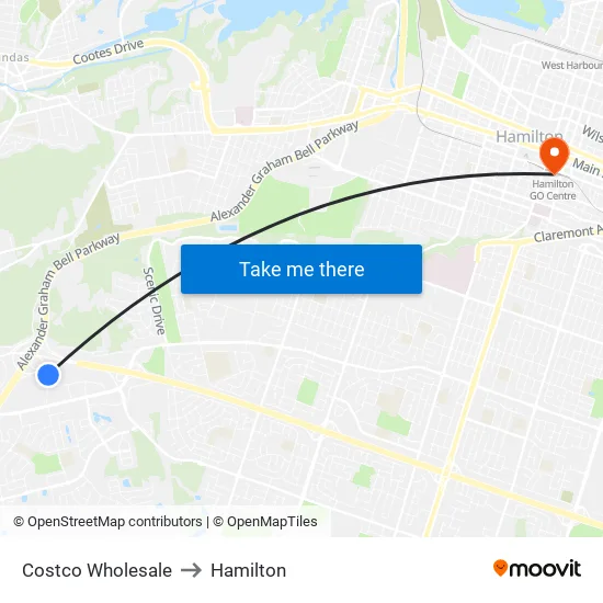 Costco Wholesale to Hamilton map