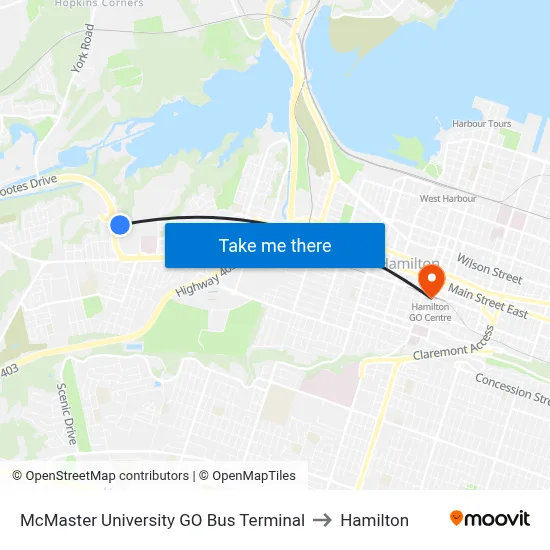 McMaster University GO Bus Terminal to Hamilton map