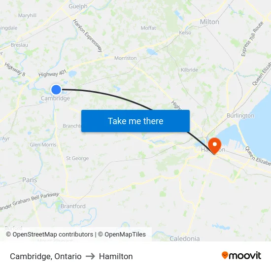 Cambridge, Ontario to Hamilton map
