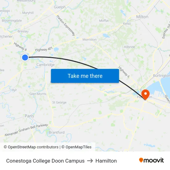 Conestoga College Doon Campus to Hamilton map