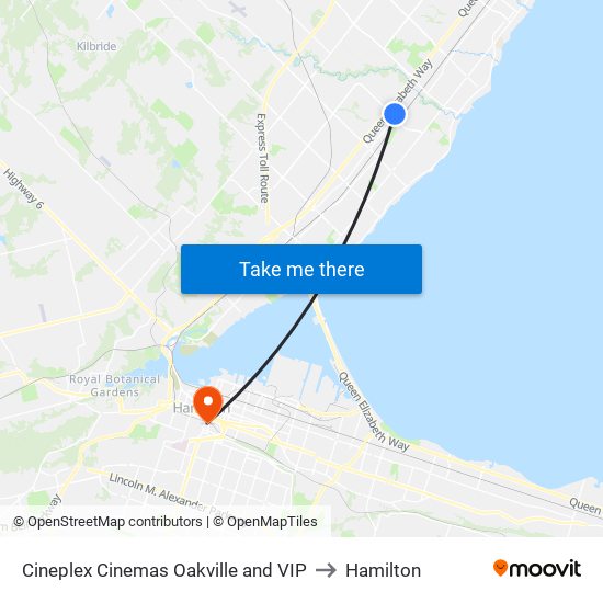 Cineplex Cinemas Oakville and VIP to Hamilton map