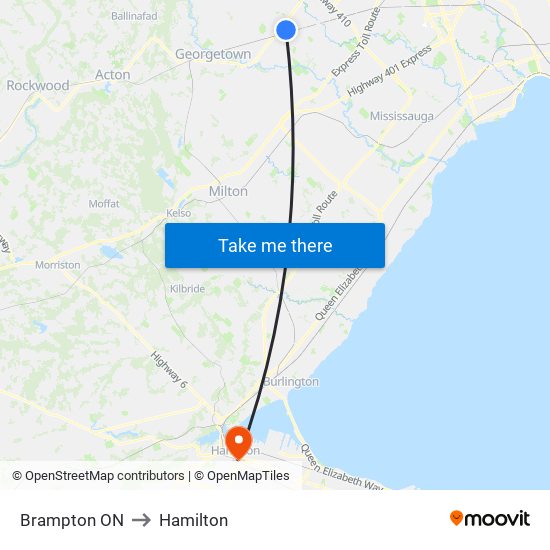 Brampton ON to Hamilton map