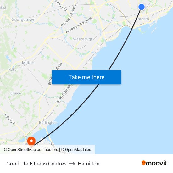 GoodLife Fitness Centres to Hamilton map