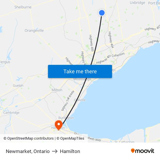Newmarket, Ontario to Hamilton map