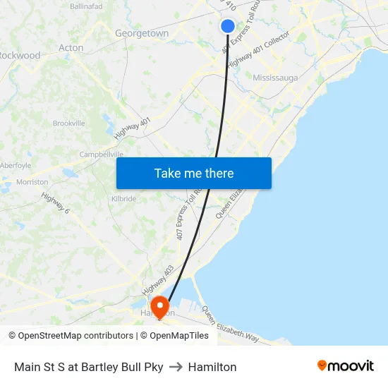 Main St S at Bartley Bull Pky to Hamilton map