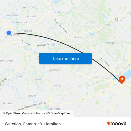 Waterloo, Ontario to Hamilton map