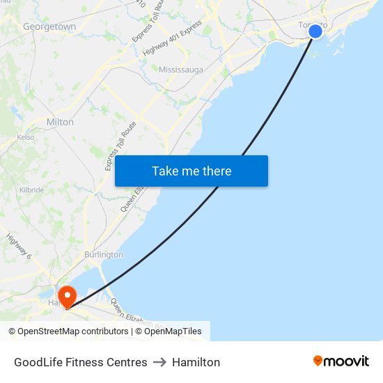GoodLife Fitness Centres to Hamilton map