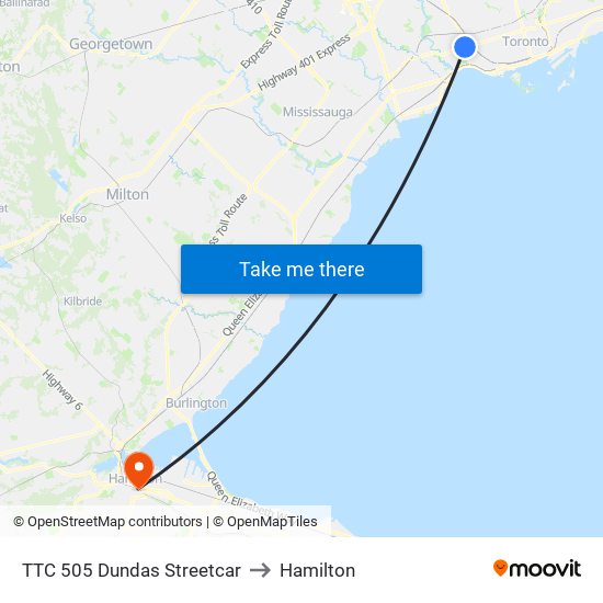 TTC 505 Dundas Streetcar to Hamilton map