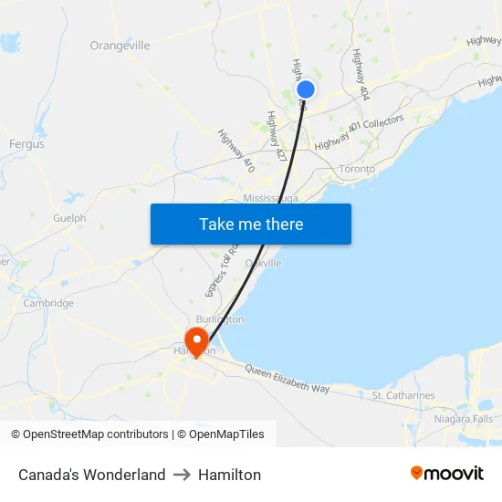 Canada's Wonderland to Hamilton map
