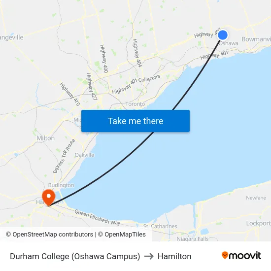 Durham College (Oshawa Campus) to Hamilton map