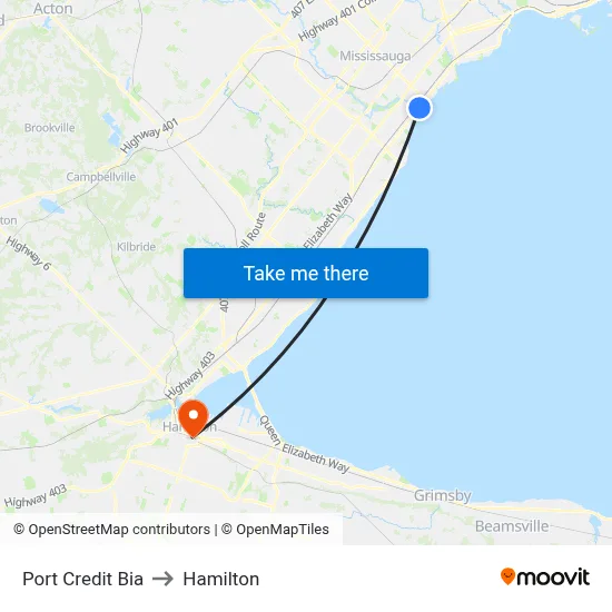 Port Credit Bia to Hamilton map