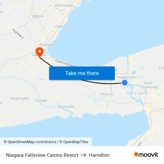 Niagara Fallsview Casino Resort to Hamilton map