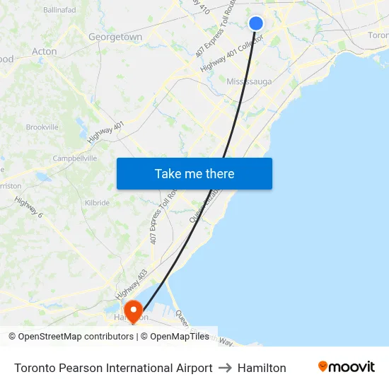 Toronto Pearson International Airport to Hamilton map