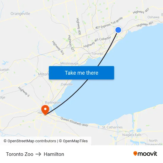 Toronto Zoo to Hamilton map