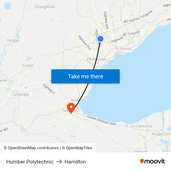 Humber Polytechnic to Hamilton map