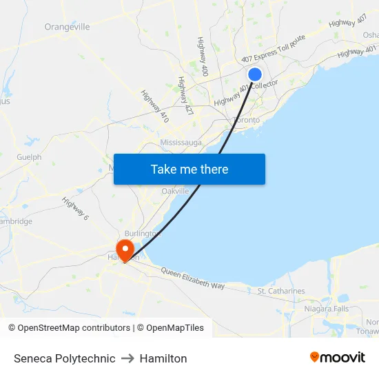Seneca Polytechnic to Hamilton map