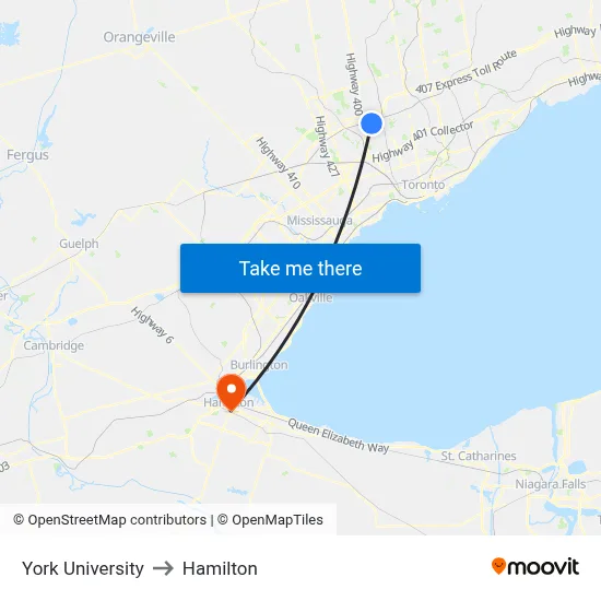 York University to Hamilton map