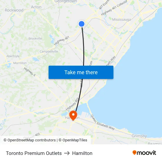 Toronto Premium Outlets to Hamilton map