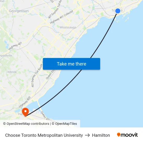 Choose Toronto Metropolitan University to Hamilton map