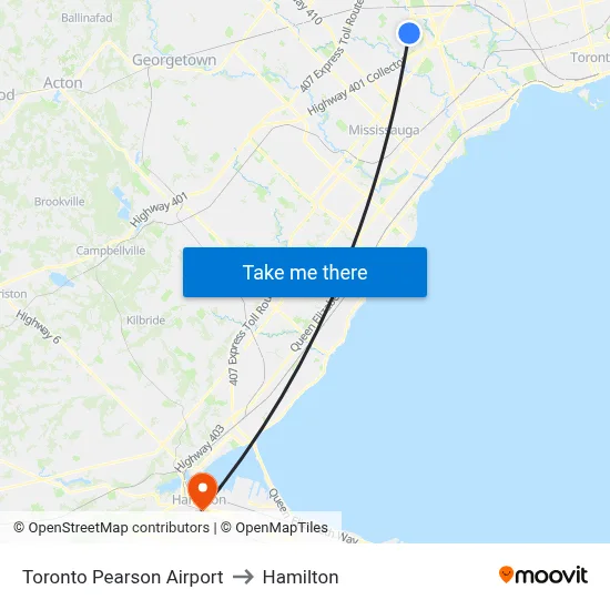 Toronto Pearson Airport to Hamilton map