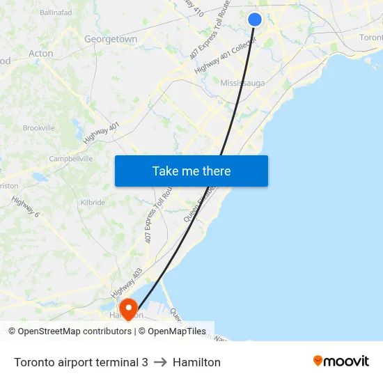 Toronto airport terminal 3 to Hamilton map