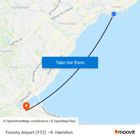 Toronto Airport (YTZ) to Hamilton map